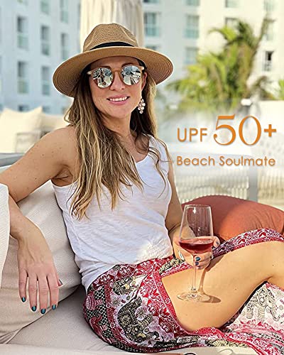 FURTALK Sun Hats for Women Men, Adjustable Summer Panama Fedora Wide Brim Hat UV UPF 50+,Foldable Packable Straw Beach Hat Beige
