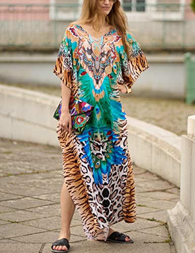 Bsubseach Green Snake Print Loose Kaftan Dress Plus Size Beach Cover Up Half Sleeve Caftan Maxi Dress for Women