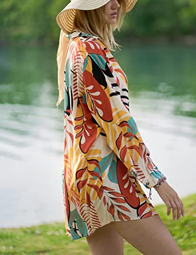 Bsubseach Long Sleeve Beach Shirt Blouses Women Turn Down Collar Bikini Bathing Suit Cover Ups Swimwear Apricot