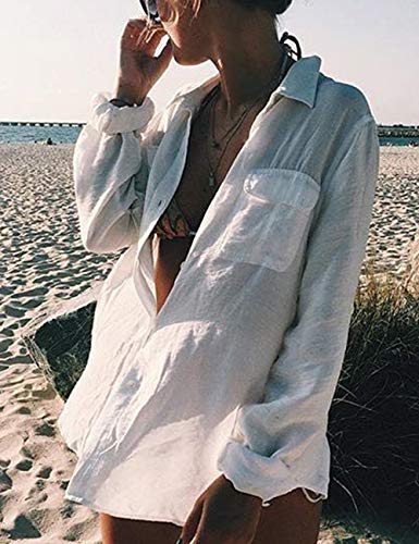Bsubseach Long Sleeve Beach Shirt Blouses Women Turn Down Collar Bikini Bathing Suit Cover Ups Swimwear Apricot