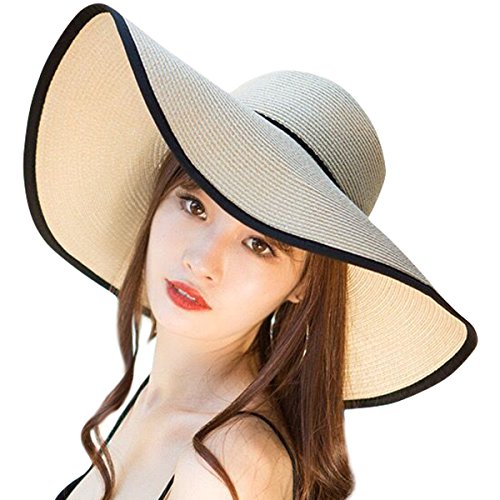 Lanzom Womens 5.5 Inches Wide Brim Straw Hat Floppy Foldable Roll up Cap Beach Sun Hat