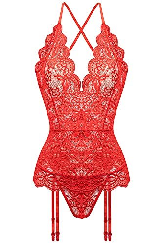 Aranmei Women Sexy Garter Lingerie Set Lace Teddy Bodysuit Deep V Neck Crisscross Back Strap Underwear with Panty