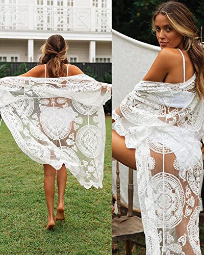 Women Swimsuit Cover Up Bathing Suit Kimono Long Beach Dress Floral Lace Bikini Swim Coverup Sun Protection Clothing