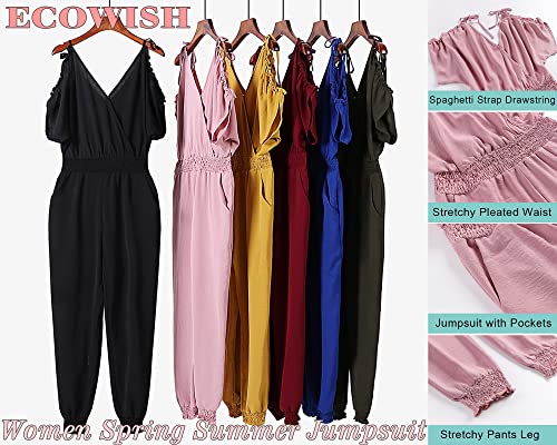 ECOWISH Women's V Neck Spaghetti Strap Drawstring Waisted Long Pants Jumpsuit Rompers