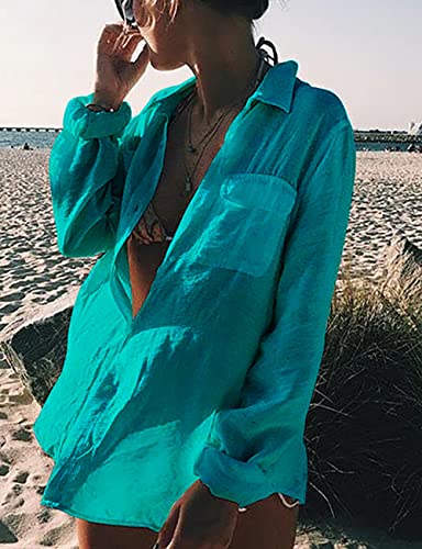 Bsubseach Long Sleeve Beach Shirt Blouses Women Turn Down Collar Bikini Bathing Suit Cover Ups Swimwear Apricot