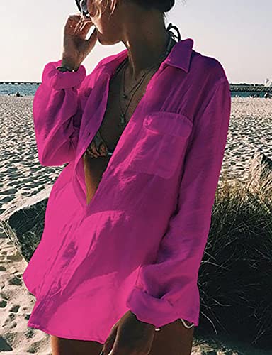 Bsubseach Long Sleeve Beach Shirt Blouses Women Turn Down Collar Bikini Bathing Suit Cover Ups Swimwear Apricot