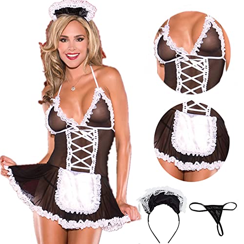 DRMGIRL Women French Maid Outfit Costume, Sexy Sheer Maid Servant Cosplay Lingerie Set, Naughty Lace Splice Cute Apron Fancy Dress Babydoll Uniform for Ladies Halloween Roleplay Game Suit Nightdress