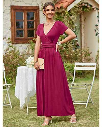 OUGES Women's Summer Casual V Neck Short Sleeve Floral Pattern Wrap Ladies Maxi Long Dress with Pockets