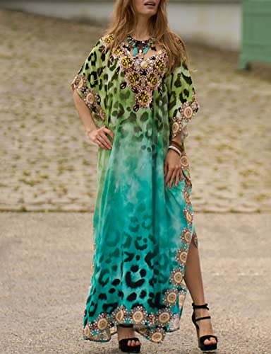 Bsubseach Green Snake Print Loose Kaftan Dress Plus Size Beach Cover Up Half Sleeve Caftan Maxi Dress for Women