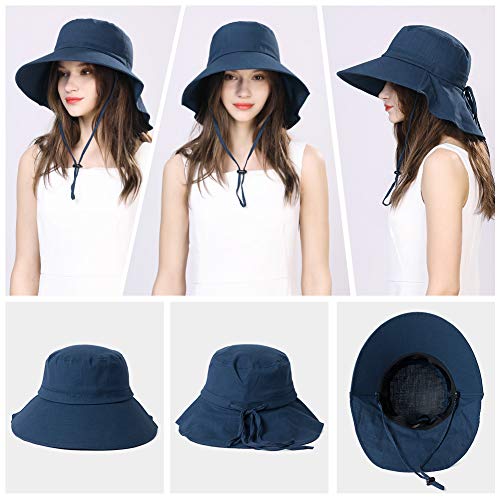 Comhats Ladies Sun Hat Foldable UPF 50 Wide Brim with Neck Protection Summer Spring UV Cotton Safari Gardening Walking Hat with Chin Strap Beige Small