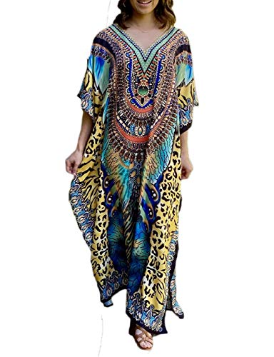 Bsubseach Green Snake Print Loose Kaftan Dress Plus Size Beach Cover Up Half Sleeve Caftan Maxi Dress for Women