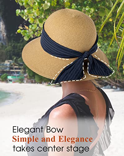 Comhats Sun Hats for Women Foldable UV Protection Large Wide Brimmed Floppy Panama Style Straw Beach Hat Fashionable Fedora Adjustable Beige