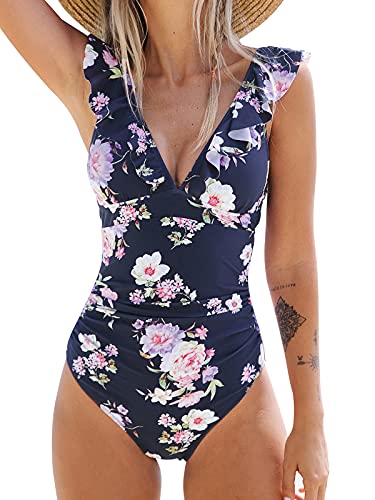 CUPSHE Women One Piece Swimsuit Ruffled Lace Up Beach Swimwear Tummy Control Swimming Costume Bathing Suit