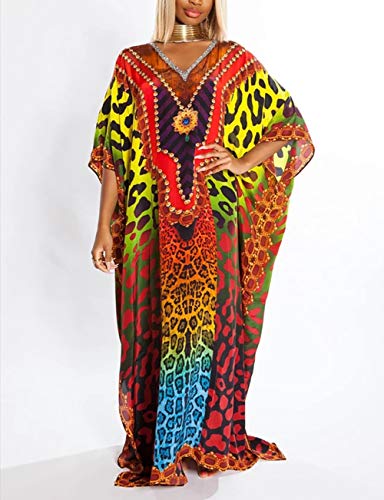 Bsubseach Green Snake Print Loose Kaftan Dress Plus Size Beach Cover Up Half Sleeve Caftan Maxi Dress for Women