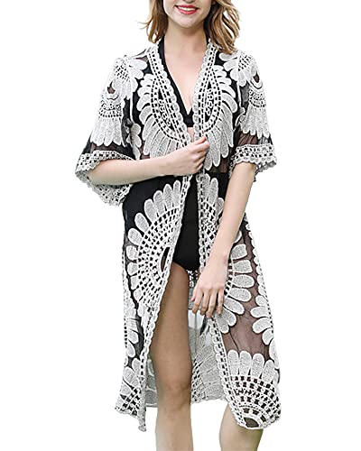 Women Swimsuit Cover Up Bathing Suit Kimono Long Beach Dress Floral Lace Bikini Swim Coverup Sun Protection Clothing