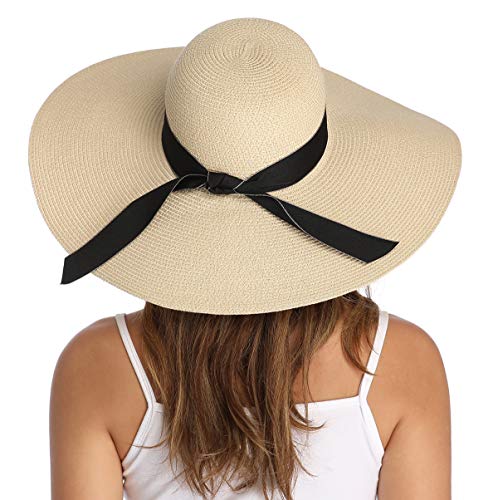 Lanzom Womens 5.5 Inches Wide Brim Straw Hat Floppy Foldable Roll up Cap Beach Sun Hat