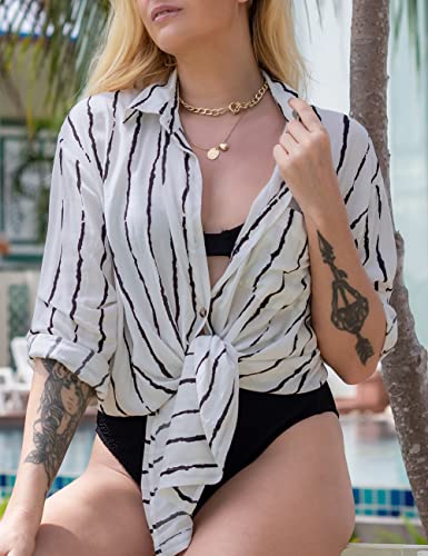 Bsubseach Long Sleeve Beach Shirt Blouses Women Turn Down Collar Bikini Bathing Suit Cover Ups Swimwear Apricot