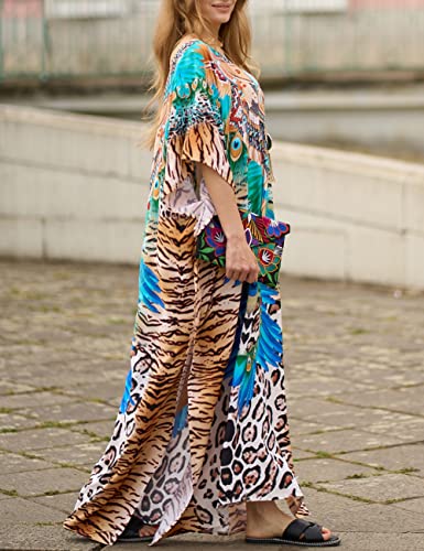 Bsubseach Green Snake Print Loose Kaftan Dress Plus Size Beach Cover Up Half Sleeve Caftan Maxi Dress for Women