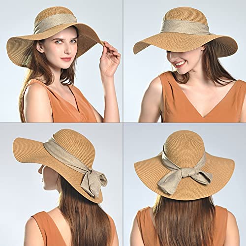 Comhats Sun Hats for Women Foldable UV Protection Large Wide Brimmed Floppy Panama Style Straw Beach Hat Fashionable Fedora Adjustable Beige