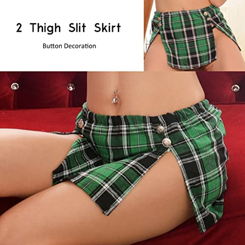 ROSVAJFY Women Sexy Cosplay Lingerie Outfit Set 2 Pcs Costume Preppy Style Shirt Skirt Tie Naughty Wear Button Design Side Split Mini Plaid Fancy Dress Uniform for Party Club Halloween White-Green