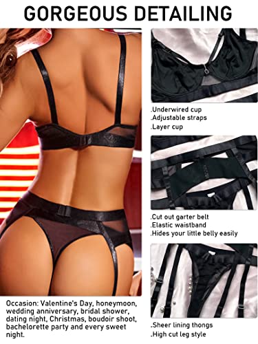 popiv Sexy Lingerie Set for Women 4 Piece Bra and Panty Set with Garter Belt Strappy Lingerie Set with Thigh Cuffs
