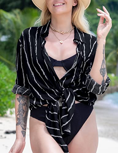 Bsubseach Long Sleeve Beach Shirt Blouses Women Turn Down Collar Bikini Bathing Suit Cover Ups Swimwear Apricot