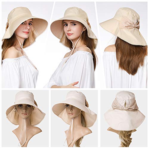 Comhats Ladies Sun Hat Foldable UPF 50 Wide Brim with Neck Protection Summer Spring UV Cotton Safari Gardening Walking Hat with Chin Strap Beige Small