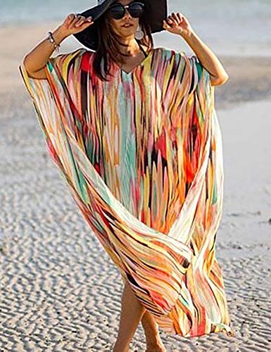 Bsubseach Chiffon Print Shirt Dress Beach Cover Up Loose Turn Down Collar Long Sleeve Bikini Kaftan Cover Ups for Swimwear Women