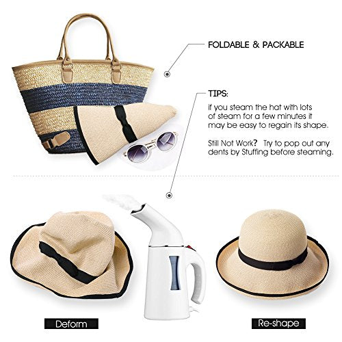 Comhats Sun Hats for Women Foldable UV Protection Large Wide Brimmed Floppy Panama Style Straw Beach Hat Fashionable Fedora Adjustable Beige