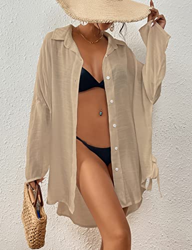 Bsubseach Women Casual Navy Turn Down Collar Bikini Bathing Suit Cover Ups Long Sleeve Beach Cover Up with Pockets