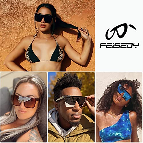 FEISEDY Oversized Flat Top Shield Sunglasses for Women Square Sunglasses Mens UV400 Protection Mirror Rimless Shades