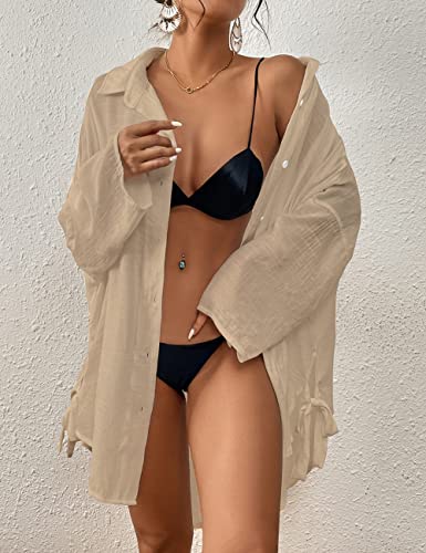 Bsubseach Women Casual Navy Turn Down Collar Bikini Bathing Suit Cover Ups Long Sleeve Beach Cover Up with Pockets