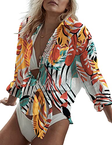 Bsubseach Long Sleeve Beach Shirt Blouses Women Turn Down Collar Bikini Bathing Suit Cover Ups Swimwear Apricot