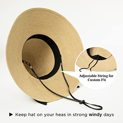 Comhats Sun Hats for Women Foldable UV Protection Large Wide Brimmed Floppy Panama Style Straw Beach Hat Fashionable Fedora Adjustable Beige