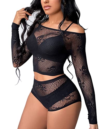 Buitifo Womens Lingerie Fishnet Babydoll Bodysuit Mini Dress Set One Size