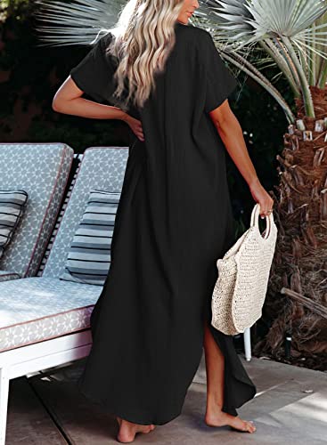 Dokotoo Womens Casual Short Sleeve Side Split Button Down Long Kimonos Cardigans Swimsuit Cover Ups