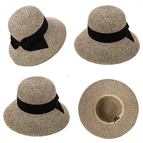 Comhats Sun Hats for Women Foldable UV Protection Large Wide Brimmed Floppy Panama Style Straw Beach Hat Fashionable Fedora Adjustable Beige