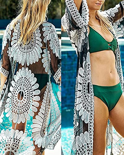 Women Swimsuit Cover Up Bathing Suit Kimono Long Beach Dress Floral Lace Bikini Swim Coverup Sun Protection Clothing