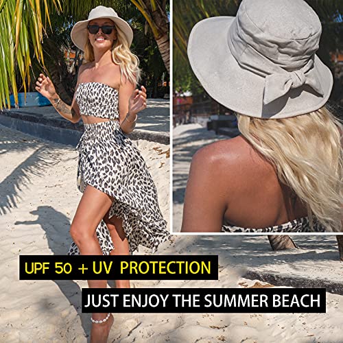 Comhats Ladies Sun Hat Foldable UPF 50 Wide Brim with Neck Protection Summer Spring UV Cotton Safari Gardening Walking Hat with Chin Strap Beige Small