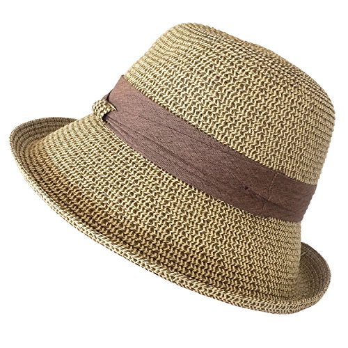 TOSKATOK® Ladies Womens Adjustable Summer Sun Hat Fashion Foldable Roll Brim Trilby Bowler Brown/Beige…