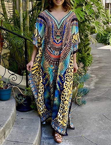 Bsubseach Green Snake Print Loose Kaftan Dress Plus Size Beach Cover Up Half Sleeve Caftan Maxi Dress for Women