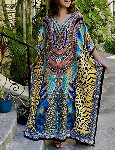 Bsubseach Green Snake Print Loose Kaftan Dress Plus Size Beach Cover Up Half Sleeve Caftan Maxi Dress for Women