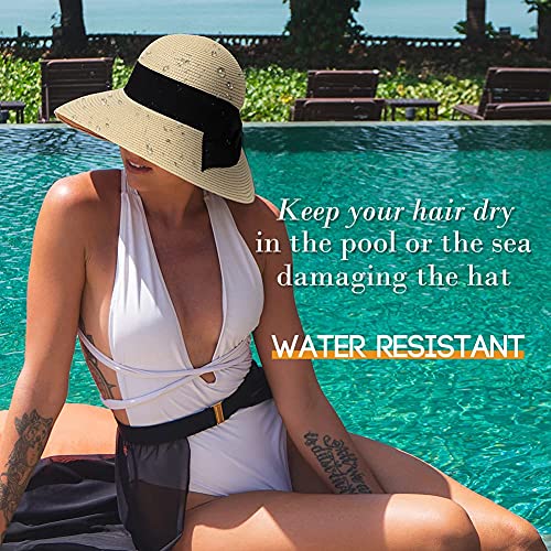 Comhats Sun Hats for Women Foldable UV Protection Large Wide Brimmed Floppy Panama Style Straw Beach Hat Fashionable Fedora Adjustable Beige