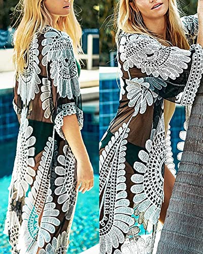 Women Swimsuit Cover Up Bathing Suit Kimono Long Beach Dress Floral Lace Bikini Swim Coverup Sun Protection Clothing