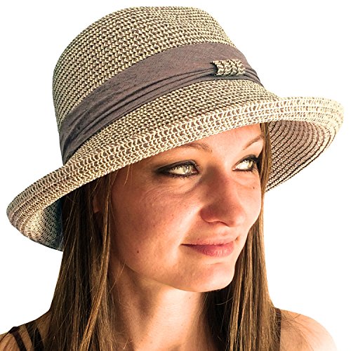 TOSKATOK® Ladies Womens Adjustable Summer Sun Hat Fashion Foldable Roll Brim Trilby Bowler Brown/Beige…