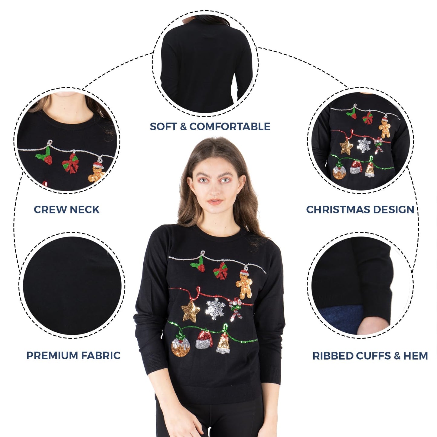 NOROZE Women's Christmas Tops Sweatshirts Sequin Jingle Bells HoHoHo Pug Mrs Claus Xmas Jumper