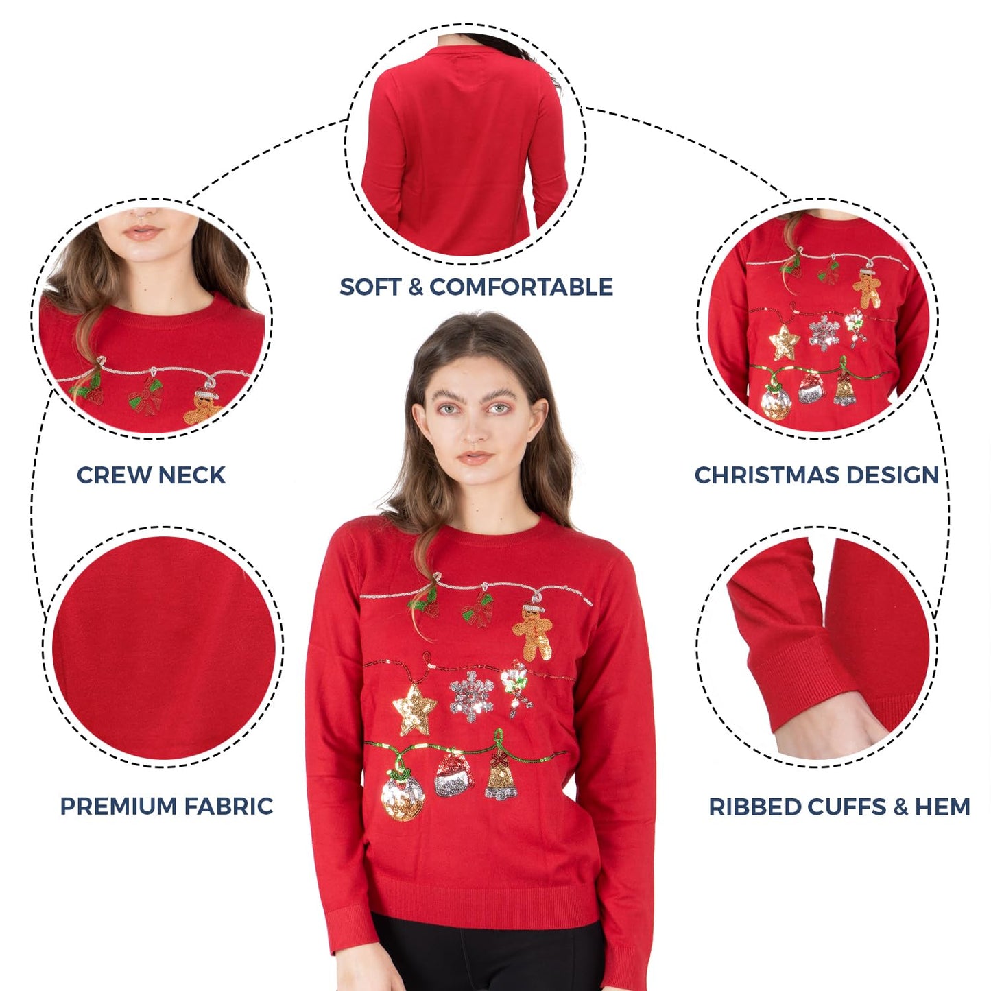 NOROZE Women's Christmas Tops Sweatshirts Sequin Jingle Bells HoHoHo Pug Mrs Claus Xmas Jumper