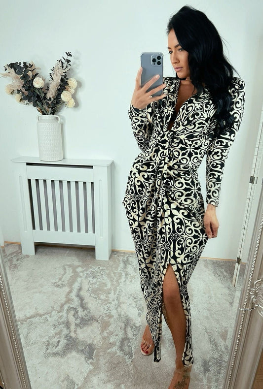 XMAS FURRY BLACK & CREME  PLUNGE NECK LONG SLEEVE DRESS