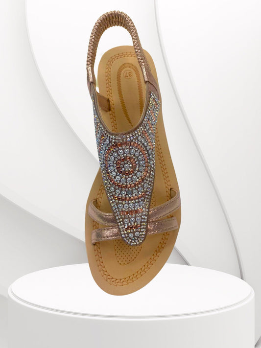 Beige & Silver Diamonds Ring Detailed  Chunky Pull Up Strap Sliders