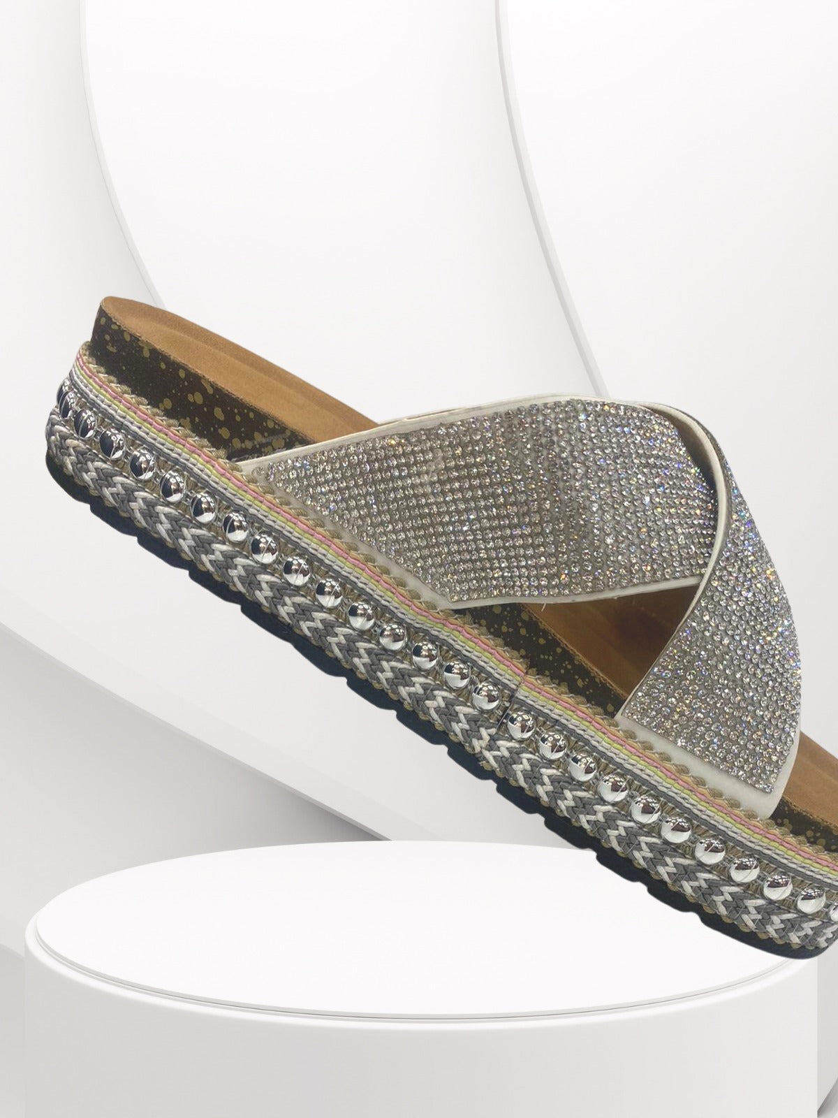 Silver Metallic Chunky Sole Thread Detailed Sliders